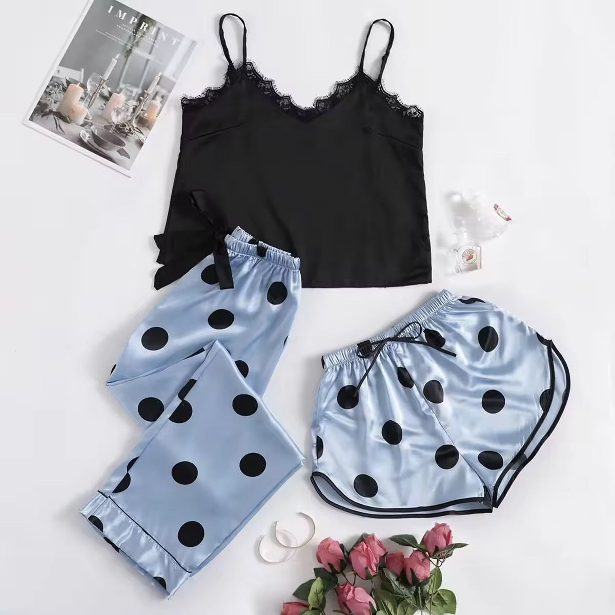 Polka dots Satin silk 3Pcs Nighty
