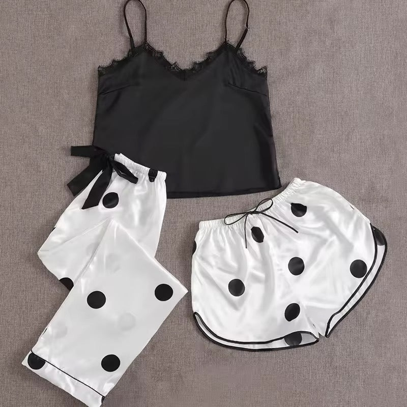 Polka dots Satin silk 3Pcs Nighty