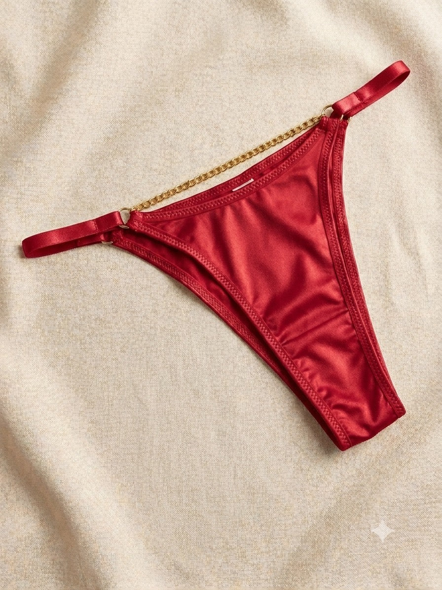 Elevate your essentials with this luxe satin and gold-chain detailed thong. ( Pack Of Four )
