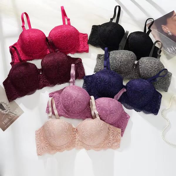 Wholesale Ladies Seamless Push up Gather Anti-External Expanded Size Underwear V-Neck Plain Underwire Lace Bra