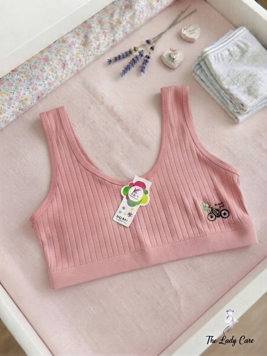 Ribbed texture featuring a cute bicycle graphic on the side and a striped elastic underband
Features: Breathable stretch fabric, comfortable wide straps (tank style), and a gentle, secure fit ideal for daily wear.( Pack Of 2 )