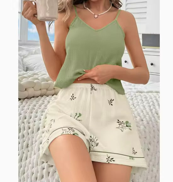 Women's Summer Floral Printed Polyester/Cotton V-Neck Sleeveless Full-Length Elastic Waist Casual Breathable Night Pajamas