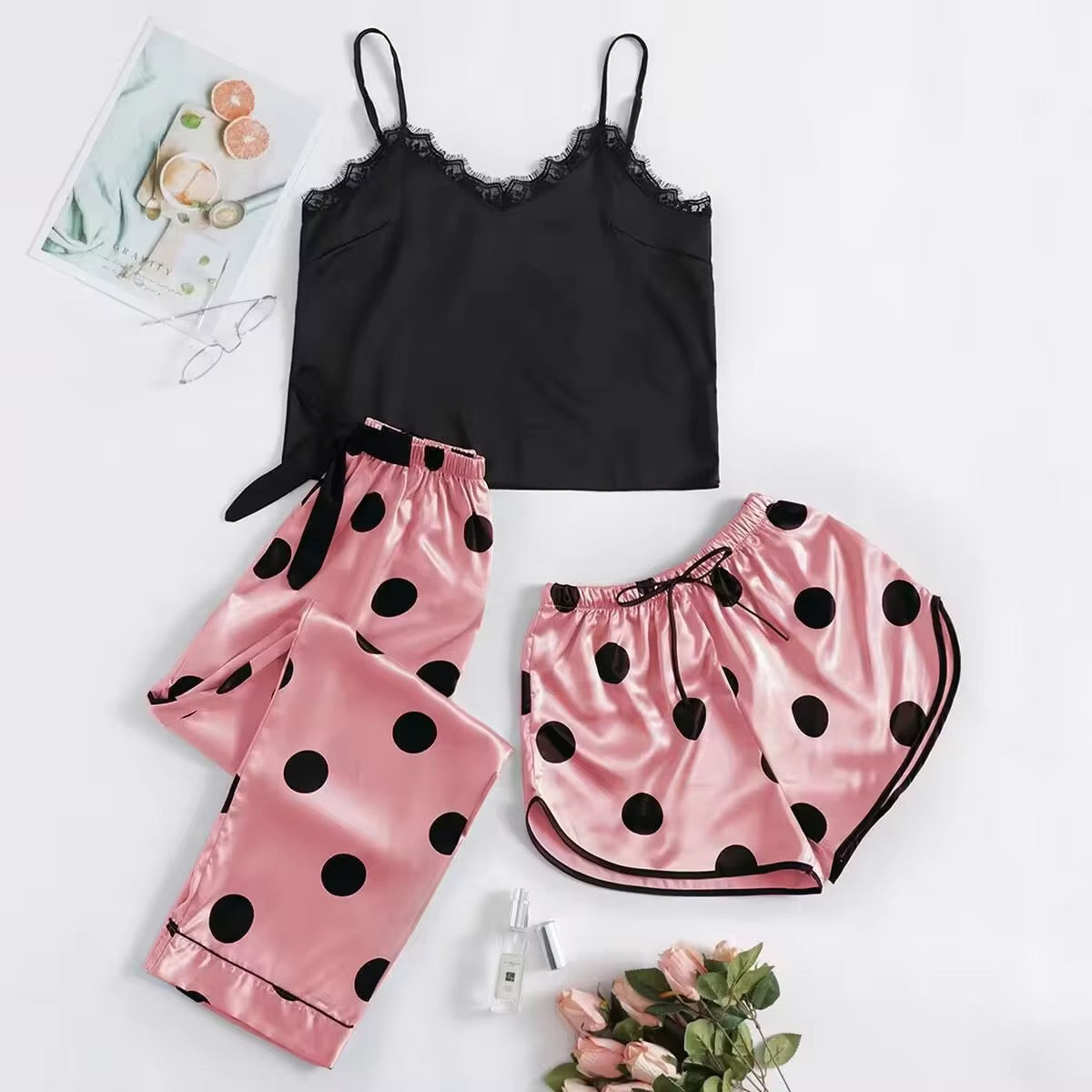 Polka dots Satin silk 3Pcs Nighty