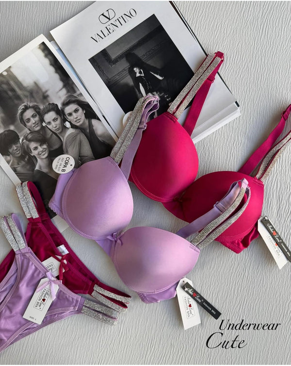 (5050Sale)Shine straps push up padded Wire bra set