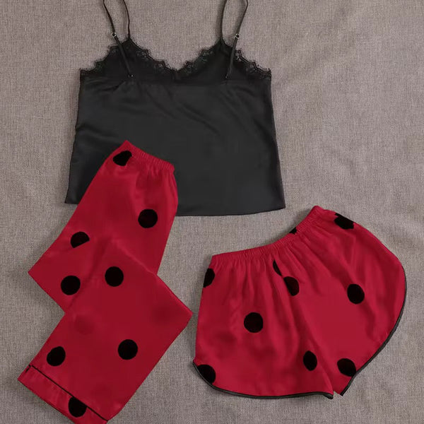 Polka dots Satin silk 3Pcs Nighty