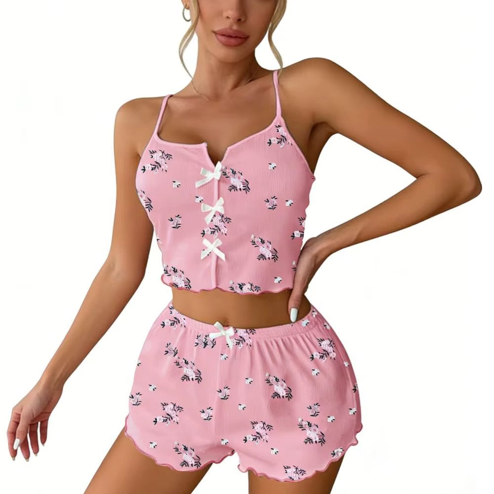 Summer Printed Breathable Soft Polyester Home Wear Set Halter Shorts Sexy Fashionable V Neck Women's
Pajamas Lingerie