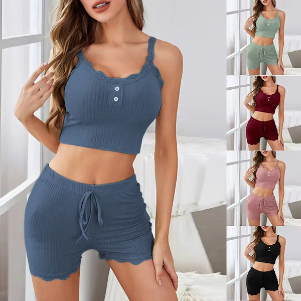Contrast lace button Front crop cami top& Shorts Pj Set