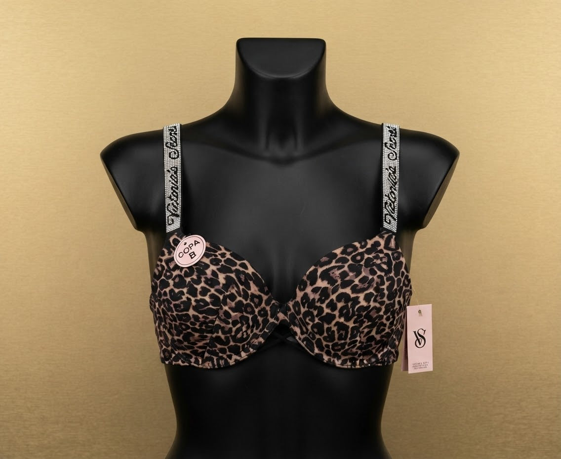 Seductive Underwire Push-up Bra: Rhinestone Letter Straps, Thin Top & Thick Bottom Design, Available in Leopard & Solid