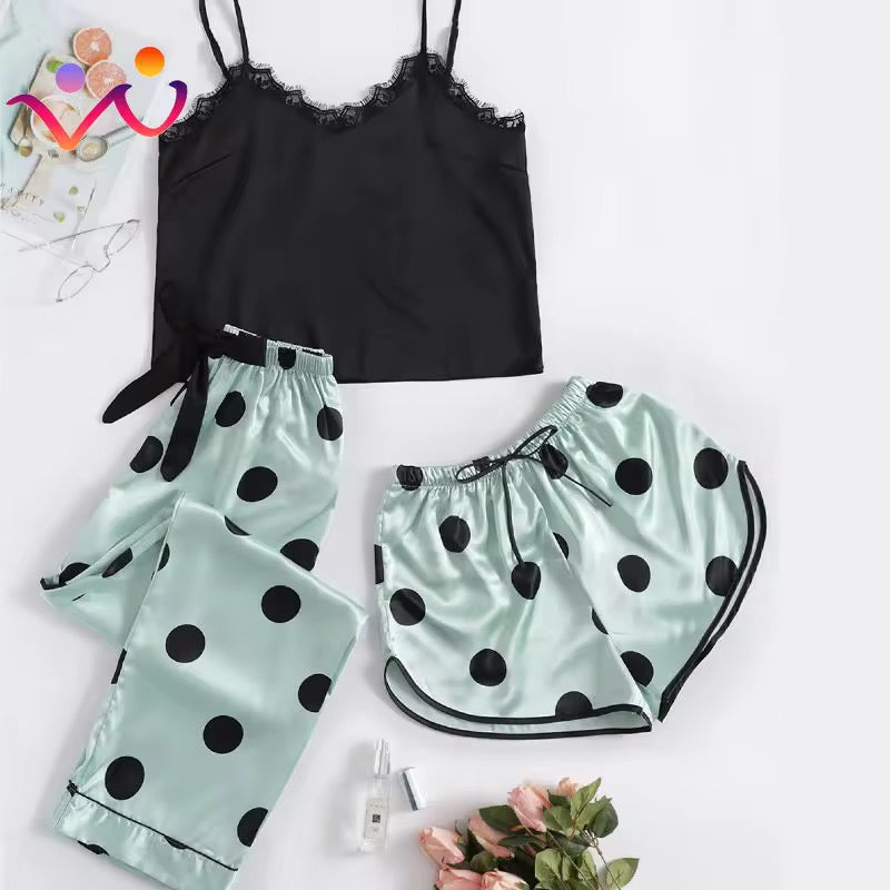 Polka dots Satin silk 3Pcs Nighty
