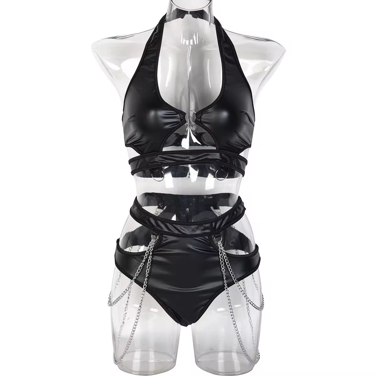 Cut Out Patchwork Mesh Lingerie Set Women Sensual V Neck Sexy Silver Chain Erotic Set PU Leather Hollow out sexy