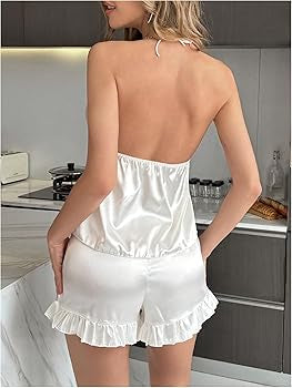 Women's 2 Piece Silk Pajama Sets Tie Backless Halter Crop Top and Ruffle Hem Shorts Sleepwear