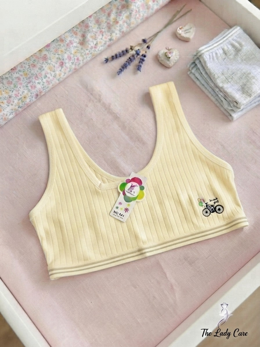 Ribbed texture featuring a cute bicycle graphic on the side and a striped elastic underband
Features: Breathable stretch fabric, comfortable wide straps (tank style), and a gentle, secure fit ideal for daily wear.( Pack Of 2 )