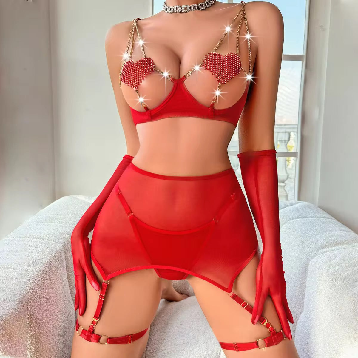 Restock Luxury Valentine New Sexy Rhinestone Chain Heart Bra Lingerie Set With Gloves Women Sheer Mesh
Transparent Lingerie