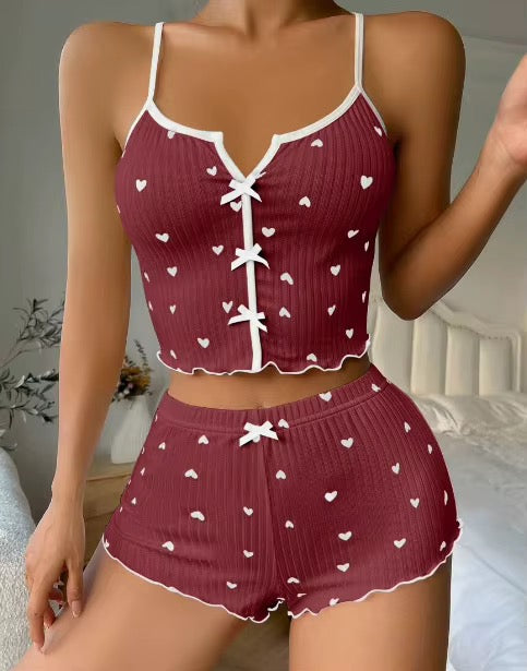 Summer Printed Breathable Soft Polyester Home Wear Set Halter Shorts Sexy Fashionable V Neck Women's
Pajamas Lingerie