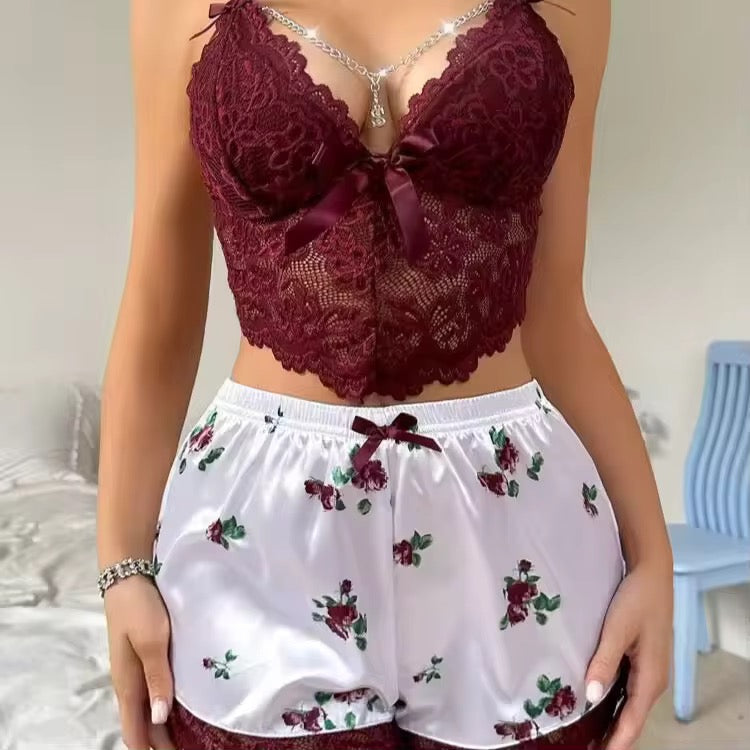 Pajama Sets Women Purple Sexy Lace Cami Top and Grape Print Short Sexy Hot 2pcs Set Summer