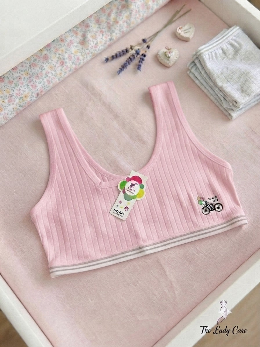 Ribbed texture featuring a cute bicycle graphic on the side and a striped elastic underband
Features: Breathable stretch fabric, comfortable wide straps (tank style), and a gentle, secure fit ideal for daily wear.( Pack Of 2 )