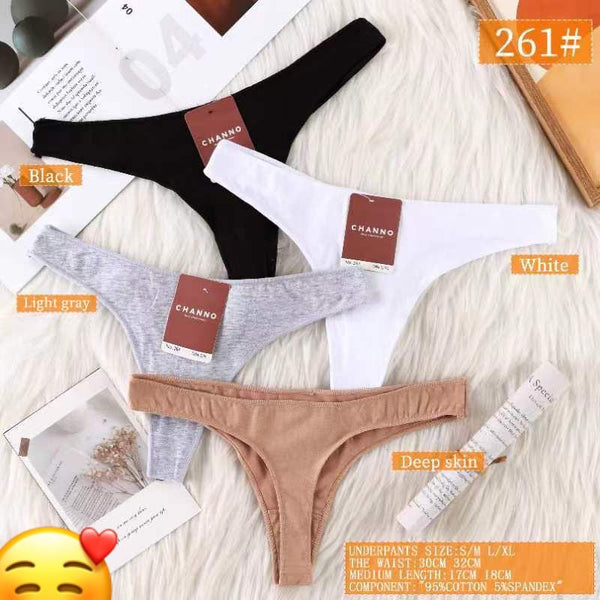 (Pack of 4) Women's thong basic cotton breathable comfortable panties solid color sexy high split briefs