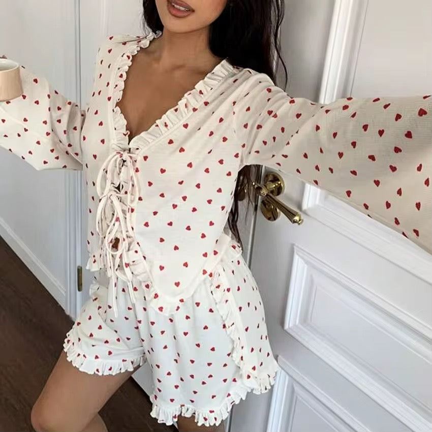 QINSI Women Ruffle Long Sleeved Shirt Shorts Ribbed Pajama Set Knit V Neck Pj 2 Pieces Heart Print Loungewear Woman