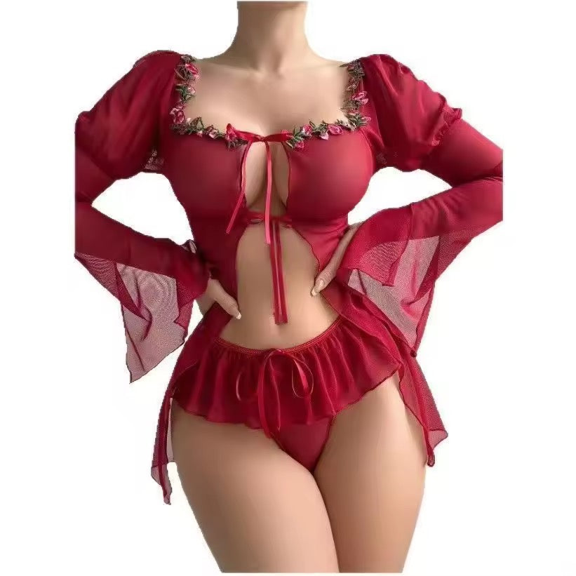 Sexy Lingerie Mesh See-through Floral Bow Ruffled Hem Long Sleeve Camisole Dress.