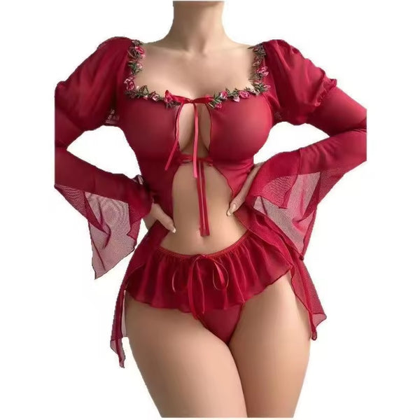 Sexy Lingerie Mesh See-through Floral Bow Ruffled Hem Long Sleeve Camisole Dress.