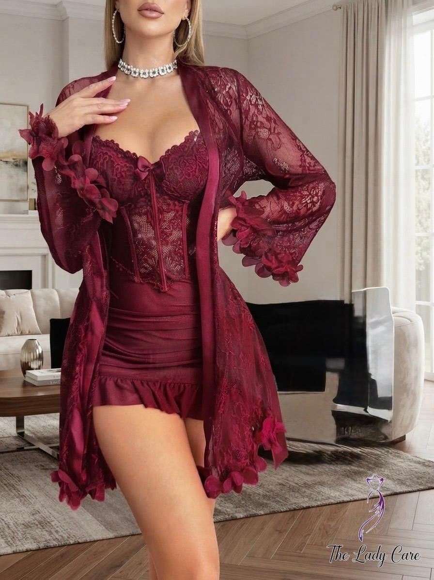 Indulge in luxury and sophistication with the stunning burgundy lingerie and sheer robe set from The Lady Care. Designed to make a statement, this exquisite ensemble blends romantic tones