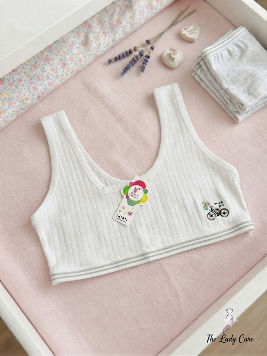Ribbed texture featuring a cute bicycle graphic on the side and a striped elastic underband
Features: Breathable stretch fabric, comfortable wide straps (tank style), and a gentle, secure fit ideal for daily wear.( Pack Of 2 )