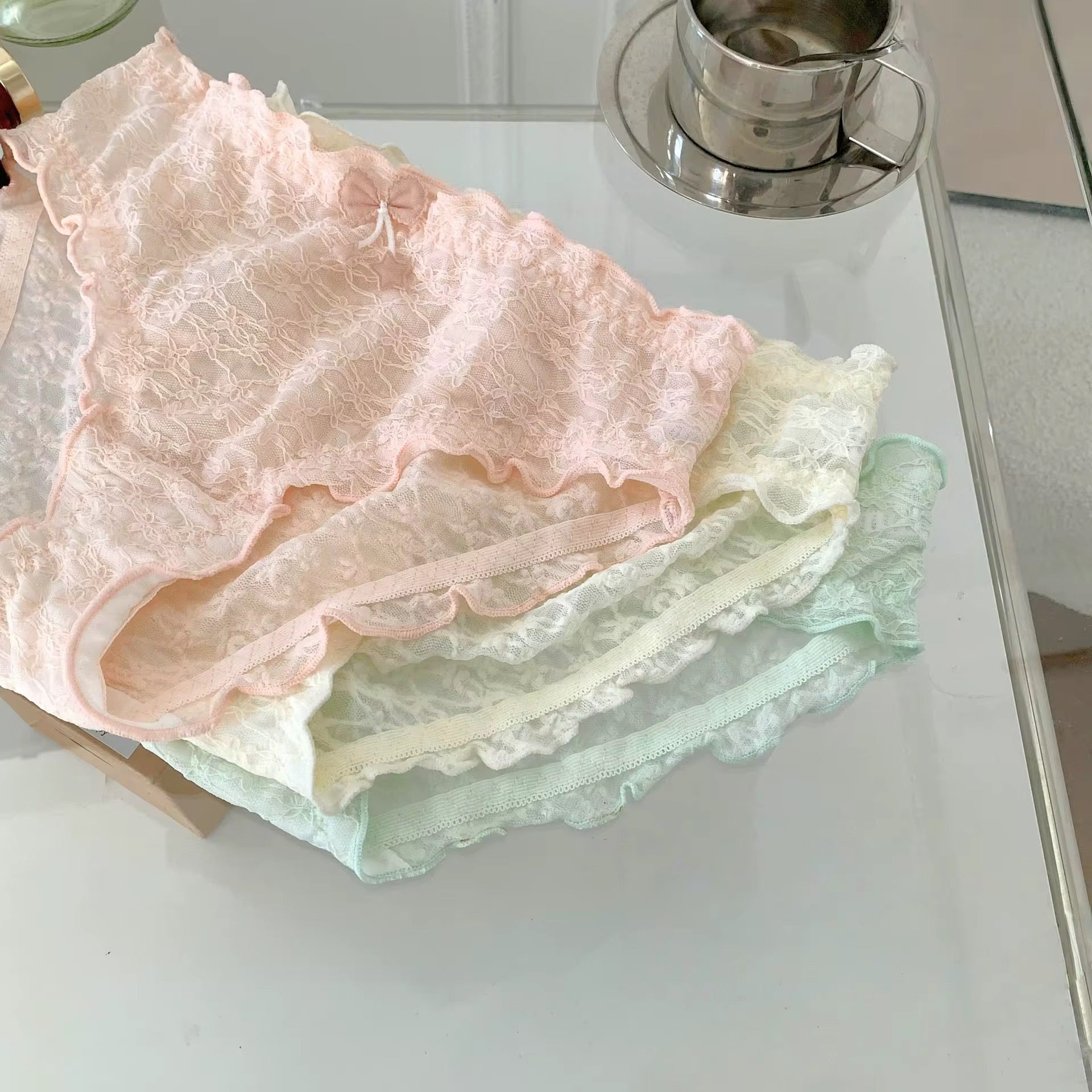 Full Floral See-through Nylon Lace Wavy Ruffle Trim Mini Bow Decor Women Underwear