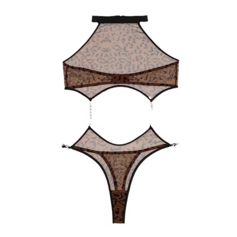 Neck-Hanging Leopard Print See-Through Seductive Metal Chain One-Piece Bodysuit Set Lace Sheer Sexy Lingerie