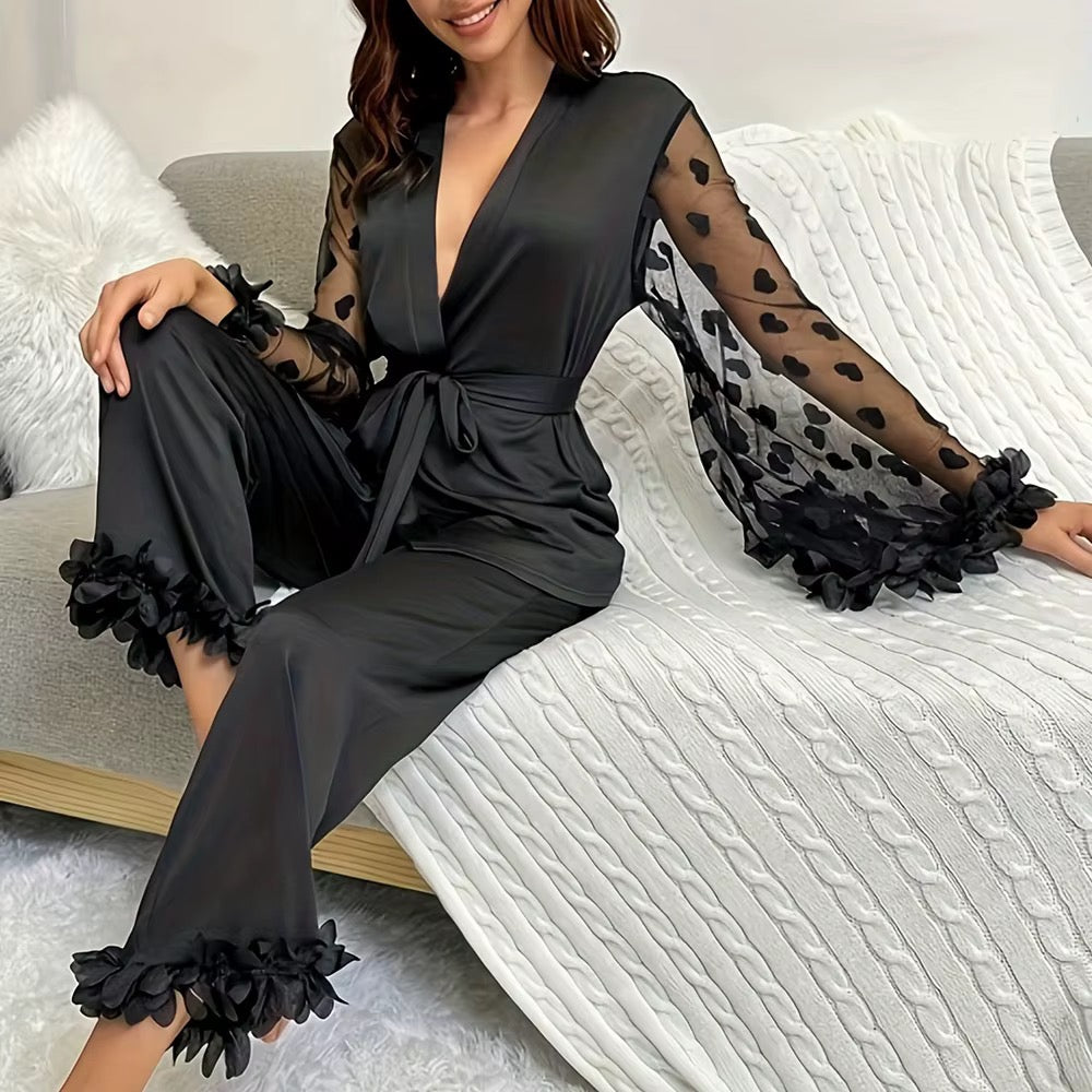 Best Selling Sexy Ladies Lace Solid ODM Pajamas Set Spandex/ Cotton Full Sleeve 2-Piece Thermal Soft V-Neck Home Summer
Autumn
