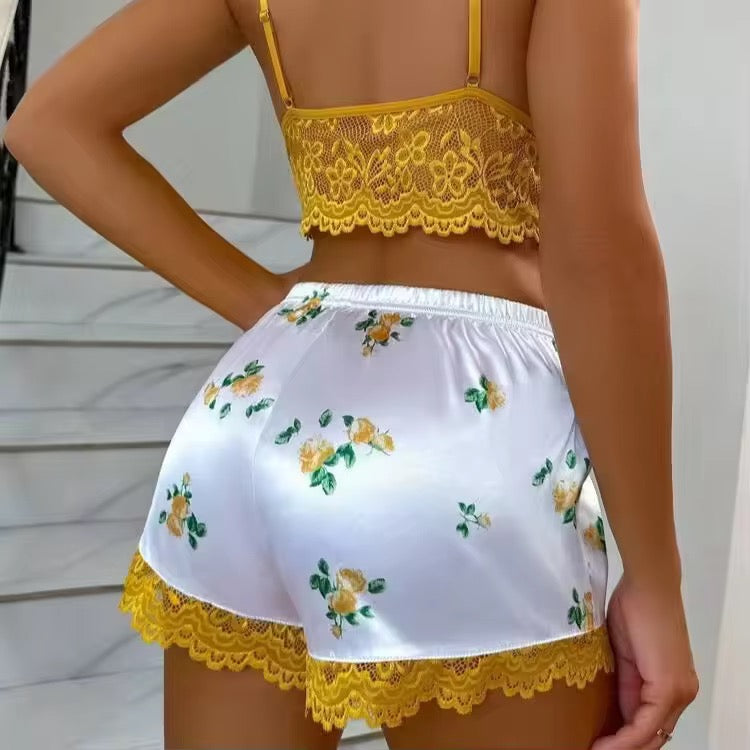 Pajama Sets Women Purple Sexy Lace Cami Top and Grape Print Short Sexy Hot 2pcs Set Summer