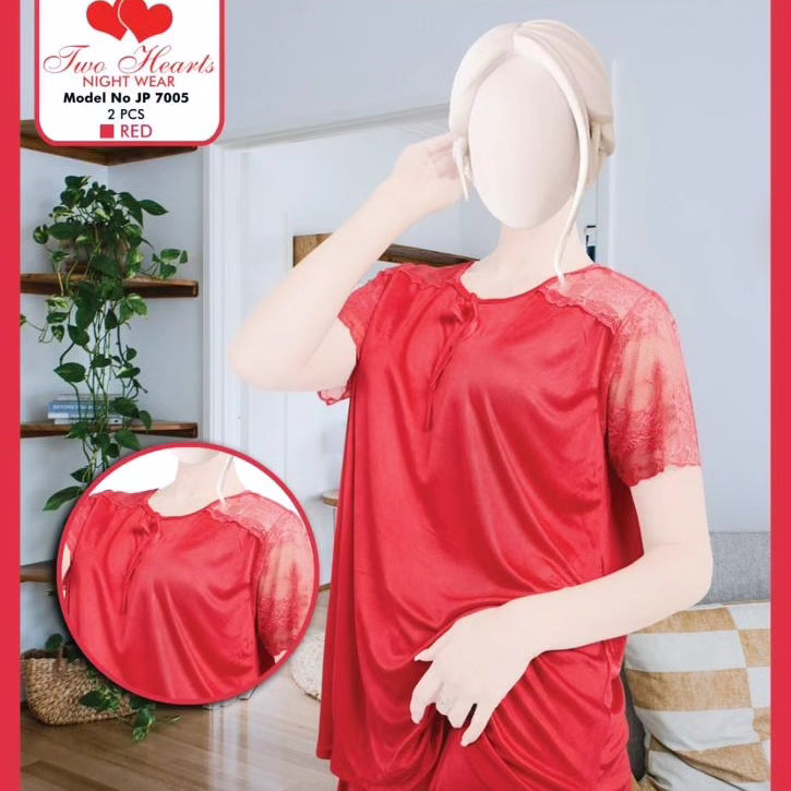 Two hearts 2 piece silk night suit with Net lace