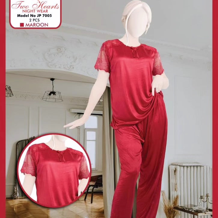 Two hearts 2 piece silk night suit with Net lace