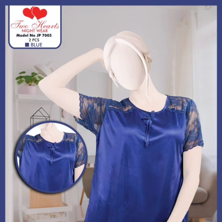 Two hearts 2 piece silk night suit with Net lace