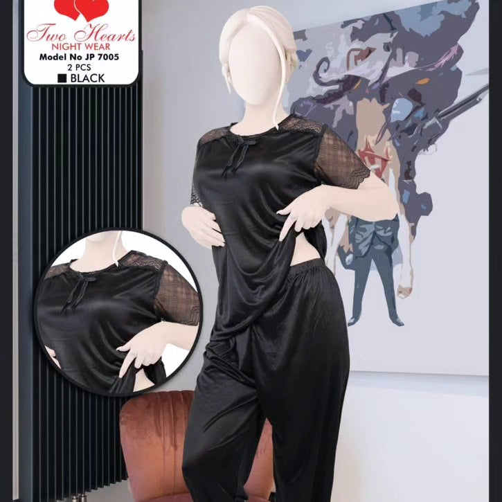 Two hearts 2 piece silk night suit with Net lace